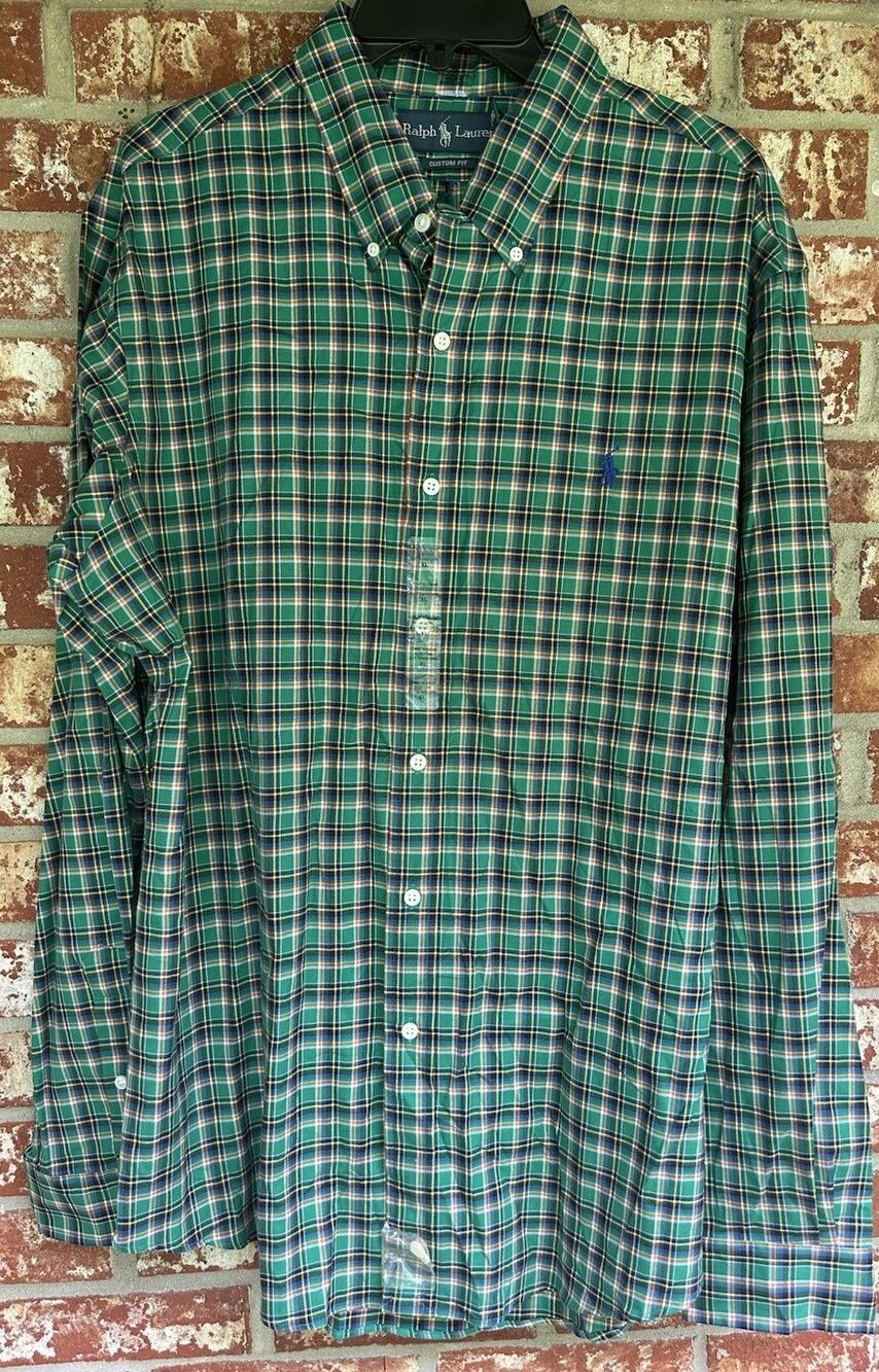 Ralph Lauren Button Up Shirt Tall Green Blue Pony Tartan XLarge